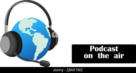 Vektordarstellung des niedlichen Cartoon-Planeten Erde mit Kopfhörern. Das Konzept der Welt modernen Online-Podcast. Klänge der Welt. Logo-Übertragung Stock Vektor
