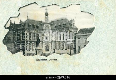 Ansicht des Akademiegebäudes (Münsterkerkkhof 29) in Utrecht mit der Statue Jan van Nassau (Münsterkkhof) im Vordergrund. N.B.: 1912 wurde der Straßenname Munsterkerkhof in Domplein geändert. Stockfoto