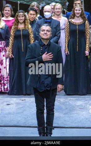 Markus Eiche, Vorhang-Aufruf bei Wagners Tannhauser, Bayreuther Opernfestspiele 2022, Bayern, Deutschland Stockfoto