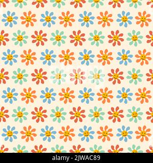 Kleine bunte Retro 1970s Gänseblümchen und Emojis. Sommerliches grooviges und trippiges Muster. Stock Vektor