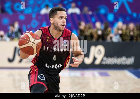 Emmanuel Lecomte von Belgien während des Spiels zwischen Spanien und den belgischen Löwen, Spiel drei von fünf in der Gruppe A bei der EuroBasket 2022, Sonntag, 04. September 2022, im Tbilisi Sports Palace, in Tiflis, Georgien. Die Basketball-Europameisterschaft findet vom 1. Bis 18. September statt. BELGA FOTO NIKOLA KRSTIC Stockfoto