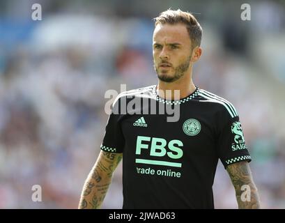 Brighton und Hove, Großbritannien. 4. September 2022. James Maddison von Leicester City während des Premier League-Spiels im AMEX Stadium, Brighton und Hove. Bildnachweis sollte lauten: Paul Terry/Sportimage Kredit: Sportimage/Alamy Live News Stockfoto