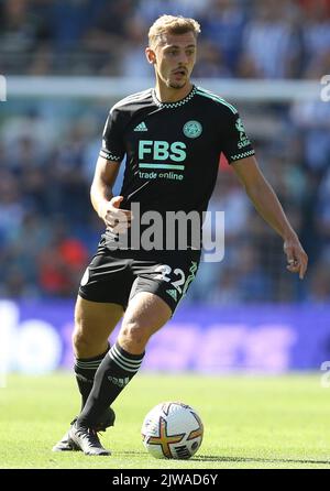 Brighton und Hove, Großbritannien. 4. September 2022. Kiernan Dewsbury-Hall of Leicester City während des Premier League-Spiels im AMEX Stadium, Brighton und Hove. Bildnachweis sollte lauten: Paul Terry/Sportimage Kredit: Sportimage/Alamy Live News Stockfoto