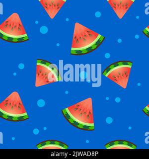 Buntes Fruchtmuster aus frischen Wassermelonenscheiben auf blauem Hintergrund aus der Draufsicht. Stock Vektor