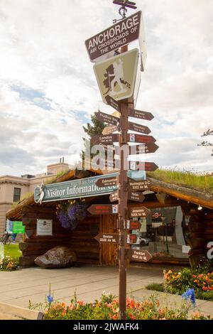 Anchorage, Alaska, USA - 6. August 2022 : Wegweiser vor Anchorage, Alaska Besucherinformationszentrum. Stockfoto