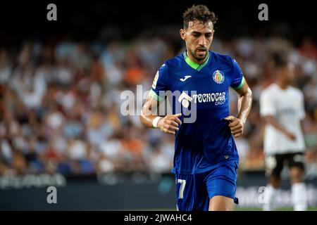 Valencia, Spanien, 4. September 2022. Munir El Haddadi Mohamed von Getafe CF hat im Mestalla-Stadion ein La Liga-Spiel zwischen Valencia CF und Getafe GF ausgetragen. Foto von Jose Miguel Fernandez /Alamy Live News ) Stockfoto