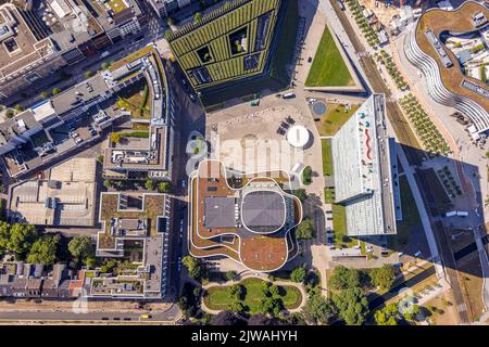 Luftaufnahme, Gustaf-Gründgens-Platz, Dreischeibenhaus, Düsseldorf Schauspielhaus, Baustelle Neubau Kö Bogen II, Green Shopping und offic Stockfoto