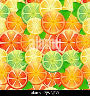 Vektor nahtloses Muster mit verschiedenen Scheiben Zitrusfrüchte: Grapefruit, Zitrone, Limette, Orange. Stock Vektor