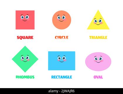 Satz von lächelnden geometrischen Figuren. Comic-Zeichentrickfiguren für die Kindererziehung. Grundlegende geometrische Formen verschiedene Farben.. Vektorgrafik Stock Vektor