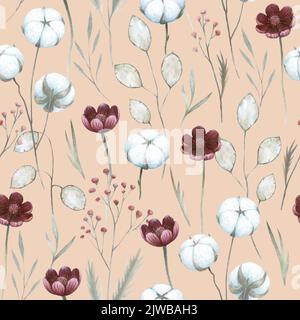 Aquarell-Nahtloses Muster mit Baumwollpflanzen und Blumen. Handgezeichnete, detailgetreue Vintage-Illustration. Stockfoto