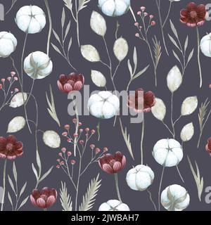 Aquarell-Nahtloses Muster mit Baumwollpflanzen und Blumen. Handgezeichnete, detailgetreue Vintage-Illustration. Stockfoto
