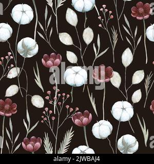 Aquarell-Nahtloses Muster mit Baumwollpflanzen und Blumen. Handgezeichnete, detailgetreue Vintage-Illustration. Stockfoto