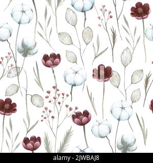 Aquarell-Nahtloses Muster mit Baumwollpflanzen und Blumen. Handgezeichnete, detailgetreue Vintage-Illustration. Stockfoto