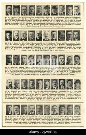 Bild einer Seite aus der Zeitschrift Life Illustrated von 1920 mit den Porträts eines Teils der Aussteller auf der vierten Jahresmesse in Utrecht: 41. August Hendrichs (Molensteenfabriek De Vereulith in Heeze), 42. J.F. Ploegmakers (Firma Gebr. Ploegmakers Steamkoekfabriek in Oss), 43. R. de Haas (Firma T. de Haas Factory des echten Groninger Fladderac in Stadskanaal), 44. J.J. Oster (Firma Bekkers & Oster Confection in Rotterdam), 45. M.A. Zendijk Jzn. (N.V. Zeedijk & Zonen's Vleeschwaren & Cursfabriek in Olst), 46. J.P. Hannema (First Ned. Automatische Telefongesellschaft in Amsterdam), 47. H. Hout Stockfoto