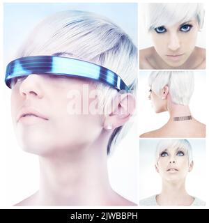 Die Zukunft sieht so schön aus. Zusammengesetztes Bild einer futuristisch anmutenden jungen Frau. Stockfoto