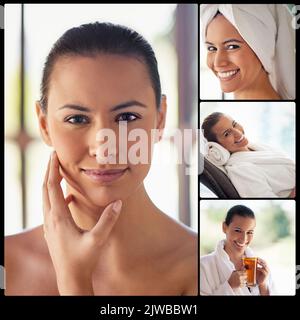 Gönnen Sie sich einen Tag voller Schönheit und Entspannung. Zusammengesetztes Bild einer attraktiven jungen Frau in einem Beauty Spa. Stockfoto