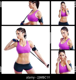 Setzen Sie Ihren Körper an die erste Stelle. Zusammengesetztes Bild einer attraktiven jungen Frau, die vor weißem Hintergrund arbeitet. Stockfoto