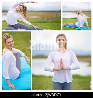 Yoga kann Ihnen helfen, die beste Version von sich selbst zu sein. Zusammengesetztes Bild einer attraktiven jungen Frau, die im Freien Yoga praktiziert. Stockfoto