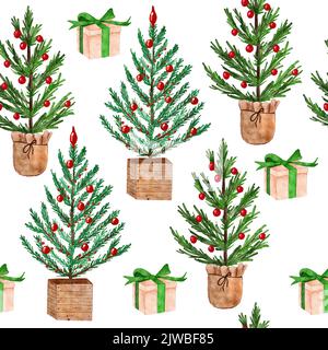 Handgezeichnetes Aquarell-Nahtloses Muster mit Weihnachtsbäumen. Neujahr Dezember Grußdekor, nordisch-skandinavischer traditioneller Geschenkpapierdruck, grüner Nadelholz Fichtenwald Stockfoto