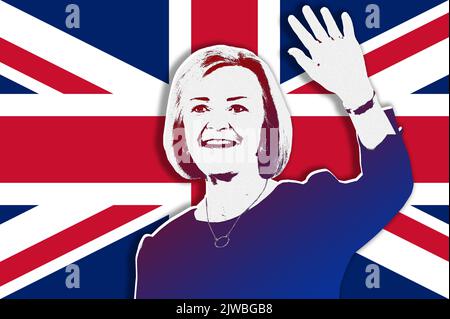 Liz Truss, britische Premierministerin und britische Flagge Stockfoto