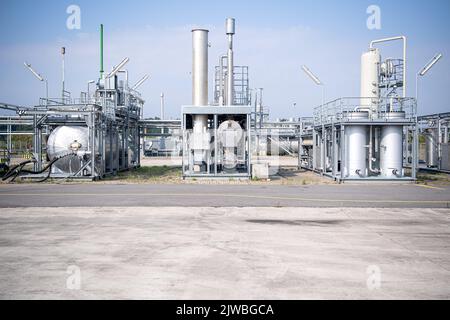 Vechta, Deutschland. 26. August 2022. Das Erdgasfeld Goldenstedt Z23 von ExxonMobil. (To dpa ''Kampf um jeden Kubikmeter': Deutsche Gasproduktion und ihre Grenzen') Quelle: Sina Schuldt/dpa/Alamy Live News Stockfoto