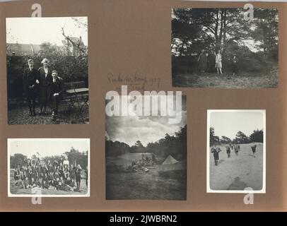 Bild einer Seite aus einem Familienalbum mit Fotos des Pfingstlagers der Gruppe 2, Department Utrecht der N.P.V. (Dutch Poundfinders Association) auf Landgoed de Hoogvliet/ Den Treek in Leersum und Van Trijntje Tholen - van Dijken mit ihren Söhnen Johannes und Lambertus Hindrikus im Garten ihres Hauses Wilhelminapark 56 in Utrecht.n.b. Gruppe 2, Utrecht Abteilung der N.P.V. Später erhielt man den Namen Salwega. Stockfoto