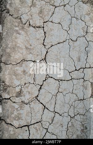 Fliesen mit rissiger grauer, trockener Schmutzstruktur. Draufsicht. Getrocknete Pfütze mit fruchtbarem Boden. Stockfoto
