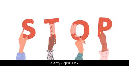 Gruppe verschiedener weiblicher Hände mit rotem Wort Stop. Verschiedene multiethnische Menschen sind zusammen. Vektor handgezeichnete Illustration im Cartoon-Stil Stock Vektor