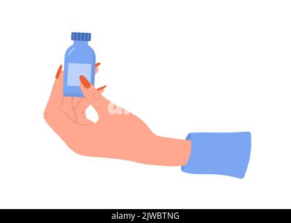 Weibliche Hand hält Pillen Flasche. Gesundheitskonzept. Frau trinkt Antidepressiva. Vektor-Illustration im flachen Cartoon-Stil. Medikation und Stock Vektor
