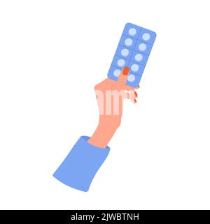 Weibliche Hand halten Pillen Blister. Gesundheitskonzept. Frau trinkt Verhütungsmittel. Vektor-Illustration im flachen Cartoon-Stil. Medikation und Stock Vektor