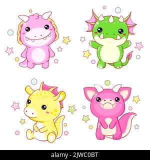 Satz von Kawaii-Zeichen. Kleine Monster in verschiedenen Posen. Sammlung von lustigen glücklichen Baby Monster. Niedliche Märchenkollektion. Vektorgrafik EPS Stock Vektor