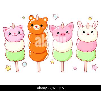Set von süßen Hanami Saison Dessert in Kawaii Stil. Japanische traditionelle Küche Gerichte Sanshoku Dango. Tierförmige Hanami Dango - Bär, Katze, Kaninchen Stock Vektor
