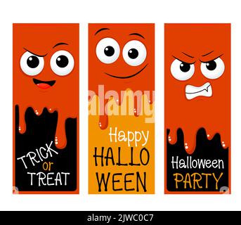 Set aus Halloween Geschenkanhänger, Karte, Abzeichen, Aufkleber mit Bluttropfen und Emoji. Elemente für Halloween Scrapbooking, Vorlage Karte, Gruß, gratulati Stock Vektor