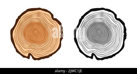 Runde Baumstämme in verschiedenen Farben, gesägte Kiefer- oder Eichenscheiben, Schnittholz. Sägeschnittholz, Holz. Braune Holzstruktur mit Baumringen. Von Hand gezeichnet Stock Vektor