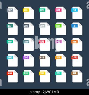 Gängige Systemdateiformate. Dokumenttypen und Erweiterungen. Flache Ikonen-Kollektion. Dokument-Piktogramm, Web-Design-UI-Element, Vorlage. Computer Stock Vektor