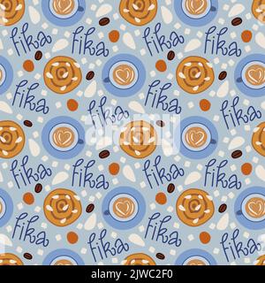 Fika-Nahtloses Muster. Tassen Kaffee Draufsicht, Süßigkeiten und Wort Fika auf blauem Hintergrund. Stock Vektor