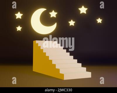 Treppe zu Halbmond und Sternen auf schwarzem Hintergrund. Dunkle Nachttapete. 3D Rendern. Stockfoto