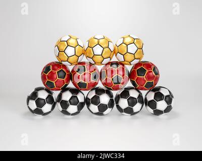 Satz von farbigen Fußball auf weißem Hintergrund. 3D Rendering. Mehrfarbiger Fußball-Entwurf. Stockfoto