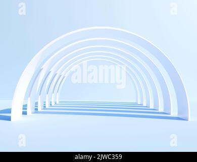 Abstrakter weißer Korridor aus dem Jahr 3D auf hellblauem Hintergrund. Moderner Tunnel mit Schattentapete. 3D Rendering. Minimalistisches und sauberes futuristisches Konzept. Stockfoto