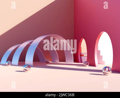 Moderne Stadt 3D Hintergrund mit Licht und Schatten auf rosa Wänden. Abstrakte geometrische Wirbeltapete mit leerem Raum. Studio-Plattformvorlage für produ Stockfoto
