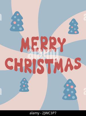 Frohe Weihnachten groovige Grußkarte. Text im 60s 70s-Format. Retro Merry Christmas Schriftzug auf abstraktem Hintergrund. Dekorationen mit Cartoon-Bäumen. Vintag Stock Vektor