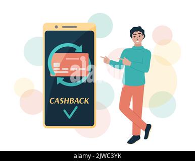 Cashback-Symbol im Mobiltelefon. Mann steht und zeigt auf großen Smartphone-Bildschirm mit Text und Bankkarte, Pfeile. Konzept zur Rücknahme von Bargeld. Flach Stock Vektor