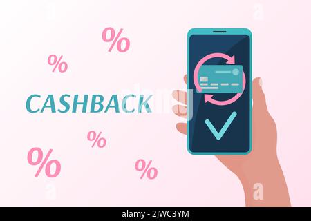 Cashback-Banner. Smartphone in der Hand des Menschen. Plastikkarte und Pfeile auf dem Handy-Display. Geld von der Zahlungsrückgabe auf die Karte. Bargeldeingang Stock Vektor