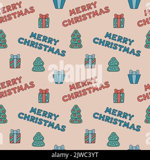 Fröhliche Weihnachten groovig Muster. Retro nahtlose Weihnachten Hintergrund im 60s 70s Stil. Doodle Cartoon Urlaub Elemente Bäume und Geschenke. Jahrgang 1960s V Stock Vektor