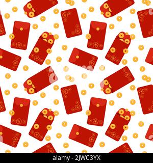 Angpao-Muster. Vektor nahtlose weißen Hintergrund mit roten Umschlägen hongbao. Chinesisches festliches traditionelles Geschenk mit Münzen, Geld für Neujahr, Geburtstag Stock Vektor