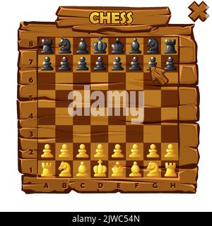 Holzschachbrett und stellen Schachfiguren für 2D Spiel UI Stock Vektor