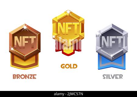 NFT-Award-Abzeichen für Spielressourcen in verschiedenen Metallen. Gold-, Silber- und Bronzemedaille. Kryptowährung, NFT-Token-Internetwährung der Zukunft Stock Vektor