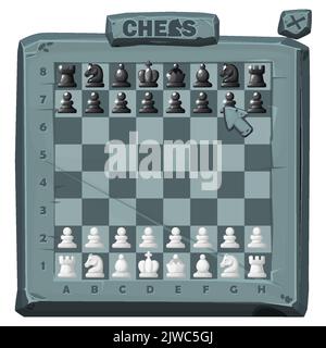 Stein Schachbrett und stellen Sie Schachfiguren für 2D Spiel UI Stock Vektor