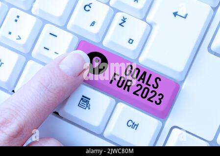 Sign zeigt Ziele für 2023The nach Dingen, die Sie haben und erreichen wollen, in 2023. Wort für die folgenden Dinge, die Sie haben und erreichen wollen in Stockfoto