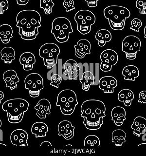 Doodle Halloween Sculls nahtloses Muster. Skizzieren Sie das Skelett auf schwarzem Hintergrund. Von Hand gezeichneter gruseliger Schädel. Mystischer Skizzencharakter. Vektorgrafiken Stock Vektor